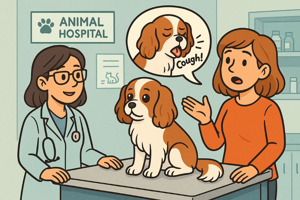 Owner and vet discussing her dog's coughing symptom at the vet