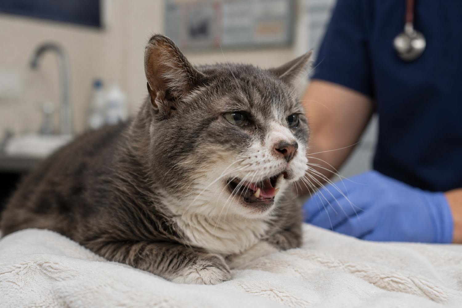 Cat crouched low with neck extended during a feline asthma attack at home
