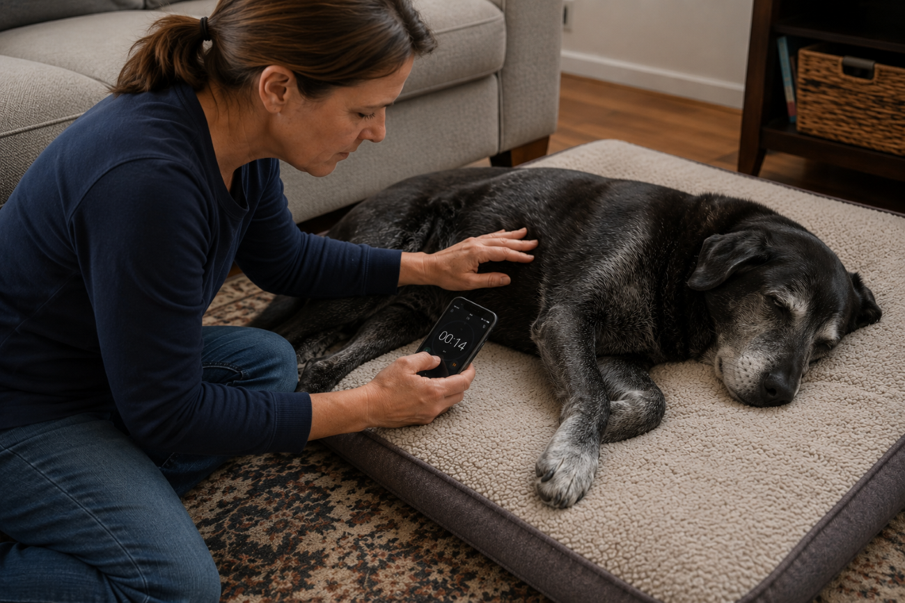 Sick dog resting on a blanket breathing with visible effort, early sign of pneumonia in dogs