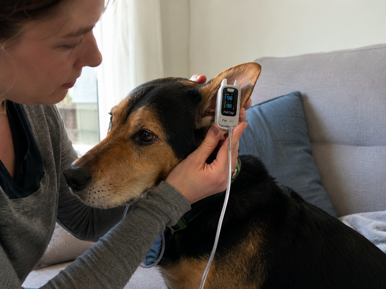 Owner using a pulse oximeter on their dog