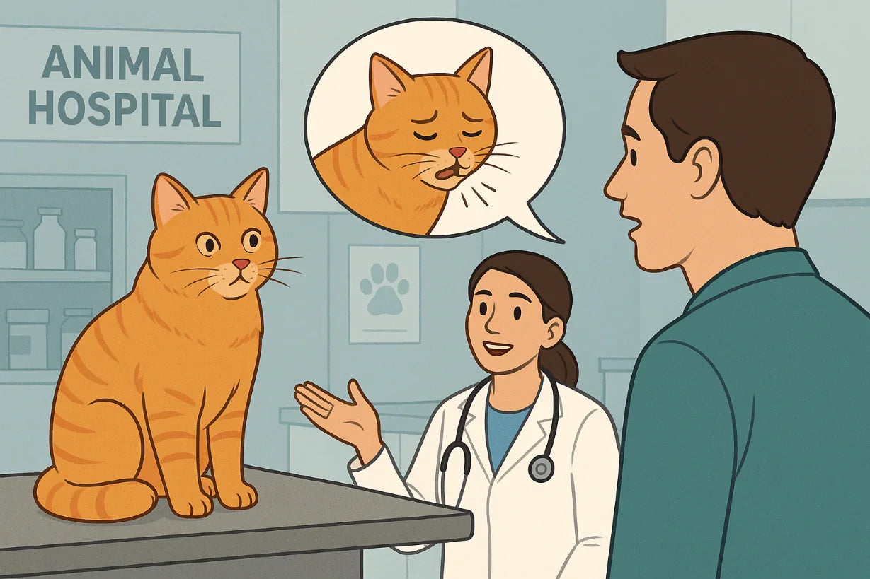 cat and owner in a room with a doctor at the vet