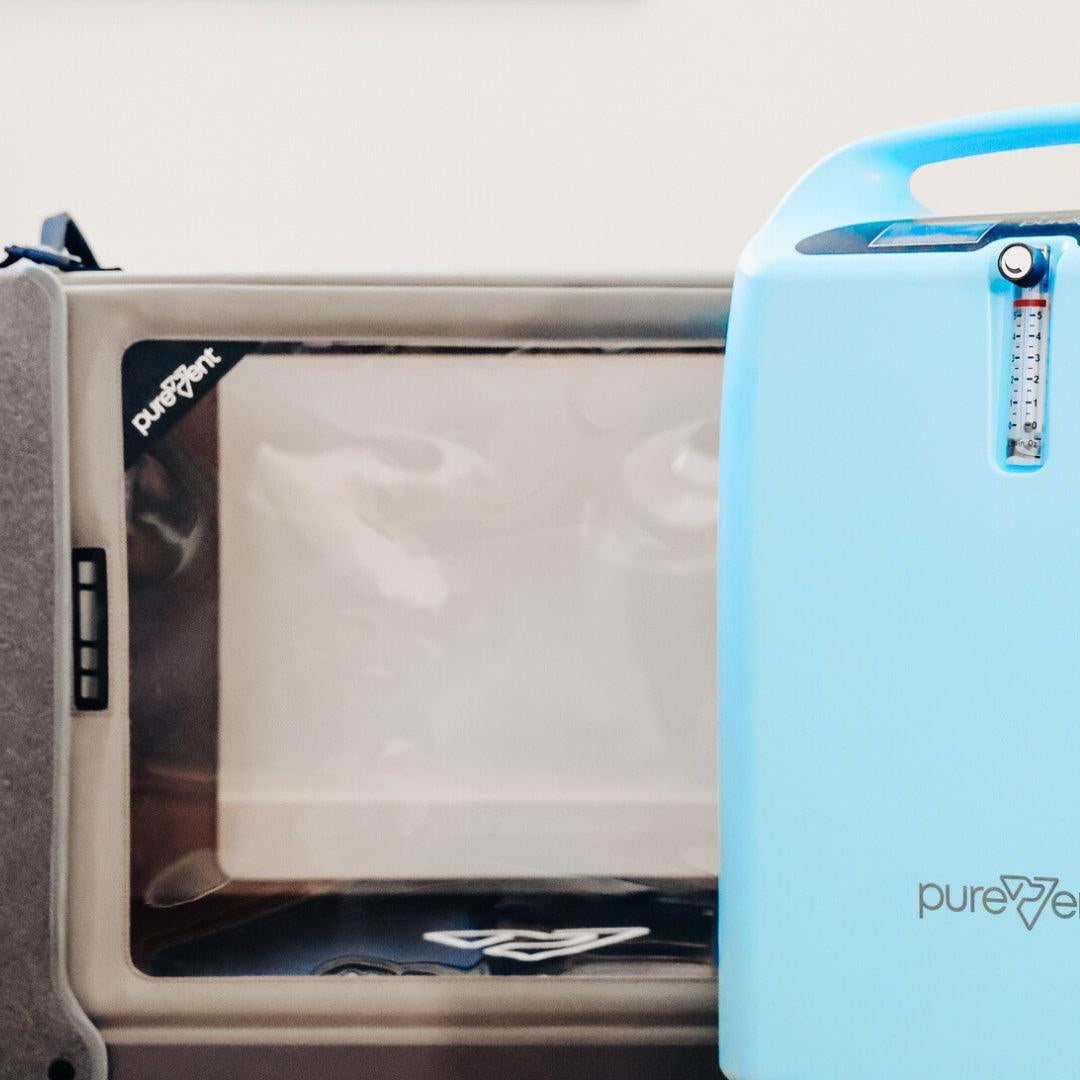 pet oxygen chamber and concentrator in living room