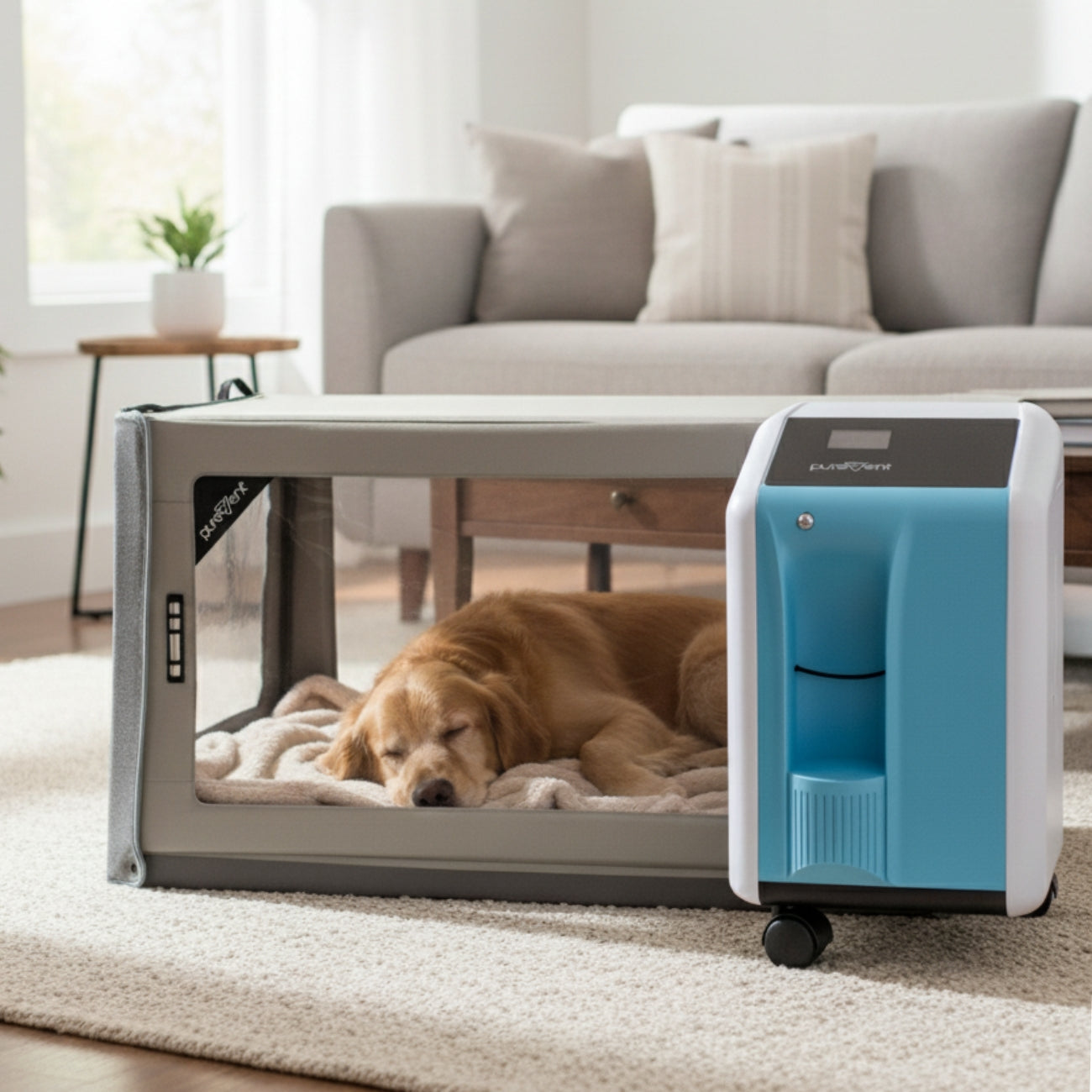 large dog laying in oxygen chamber