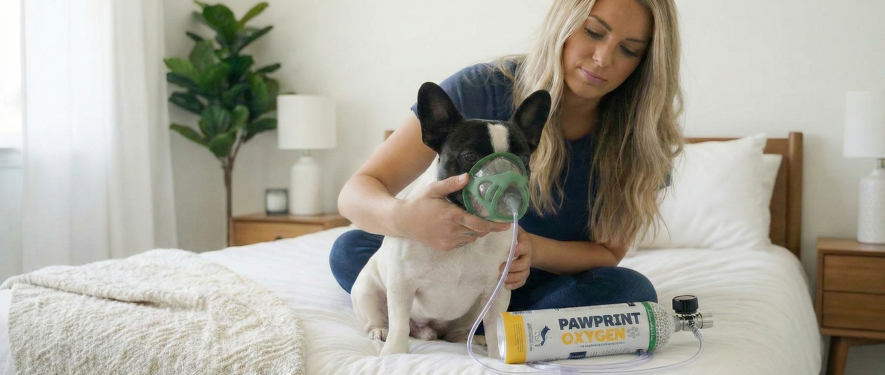 bulldog using emergency oxygen on white bed