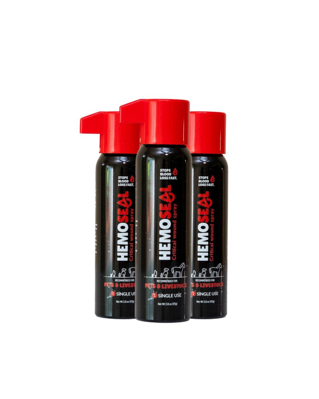 3 pack of single use HemoSEAL critical pet wound spray