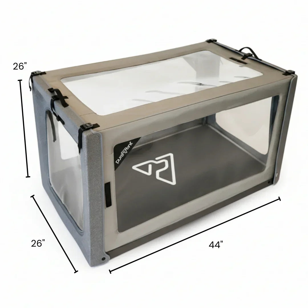 Pet o2 cage with dimensions labeled on a white background
