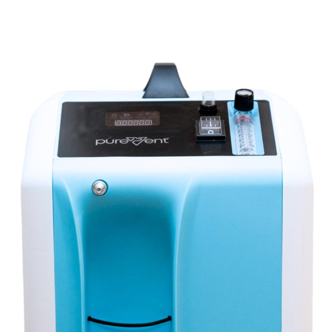 Blue and white oxygen concentrator with purevent branding on a white background