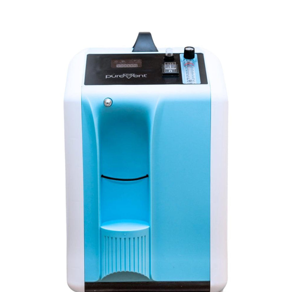 Blue and white oxygen concentrator with purevent branding on a white background