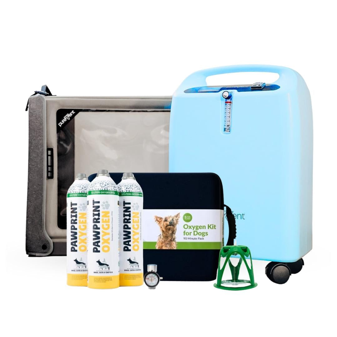 Collection of pet oxygen products including an oxygen concentrator, oxygen canisters, and a chamber on a white background.