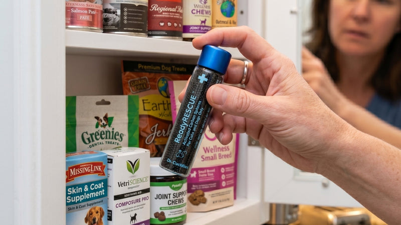 hand pulling ready rescue out of a cabinet