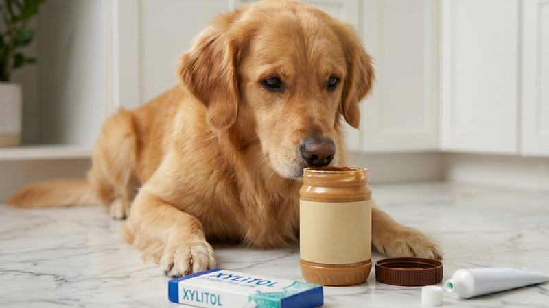 Dog looking at a peanut butter jar