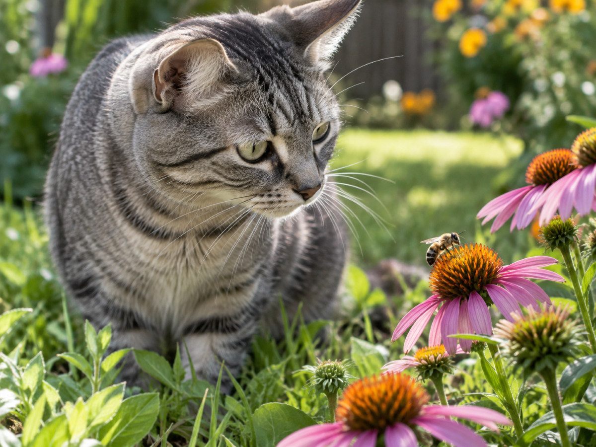 Cat sitting outside with a honey bee on a flower next to them