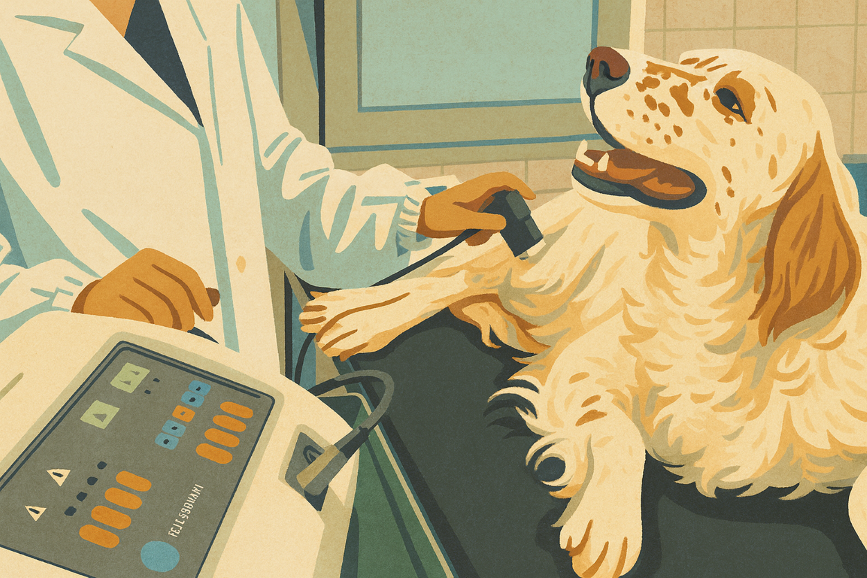 dog getting an echocardiogram at the vet