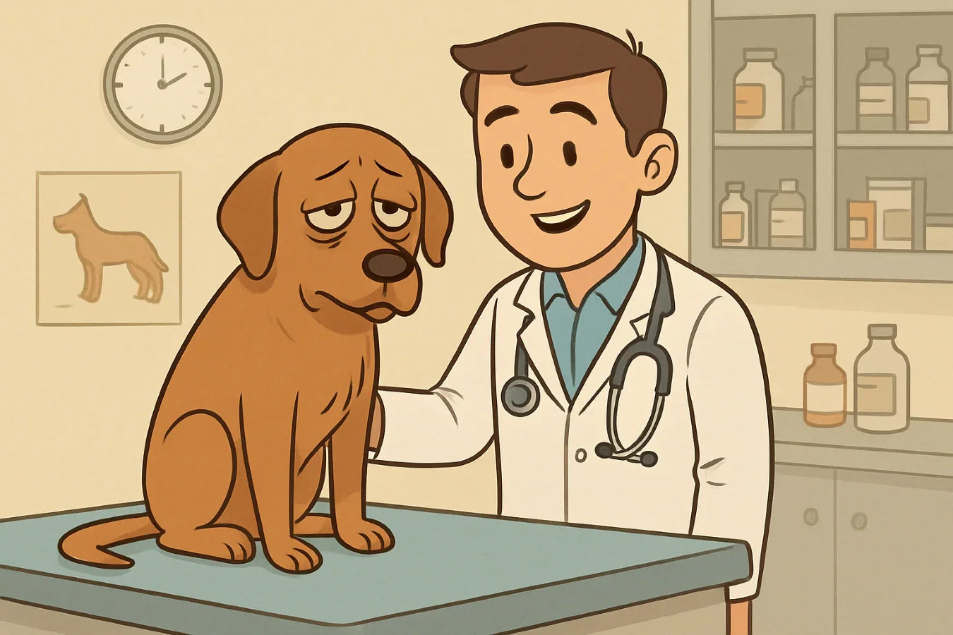 lethargic dog at the veterinary office with the doctor