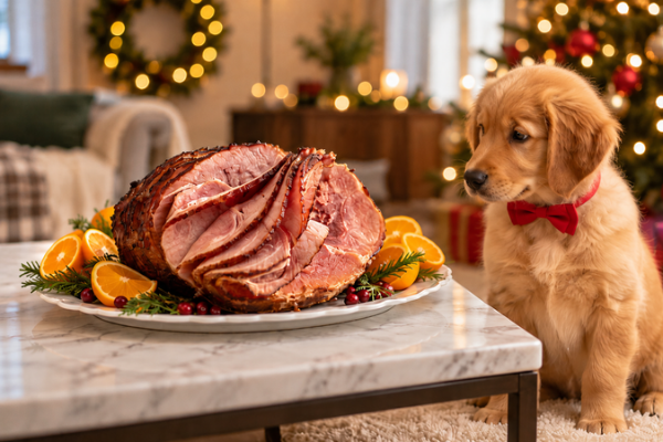A puppy in a red bow tie looking at a holiday ham on a marble table