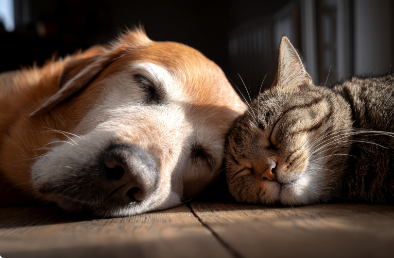 Senior golden retriever resting while owner monitors its breathing for signs of respiratory trouble