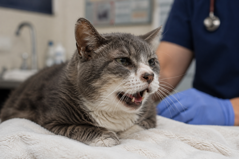 Cat crouched low with neck extended during a feline asthma attack at home