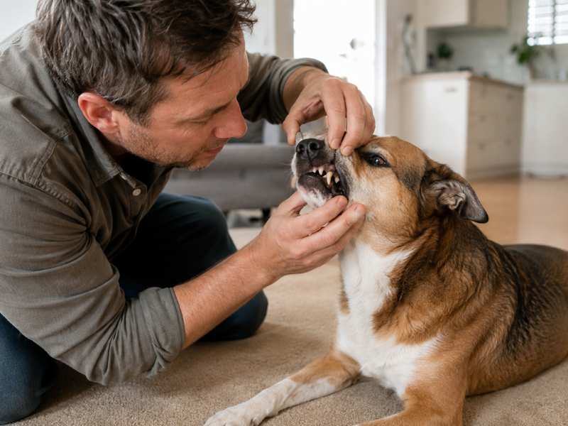 Owner checking a dog's mouth during a choking emergency first aid response