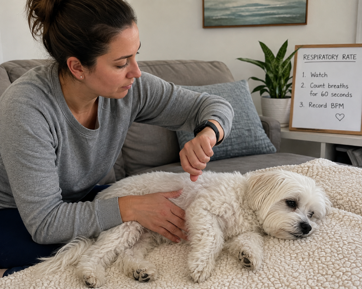 Woman checking her dog’s breathing at home