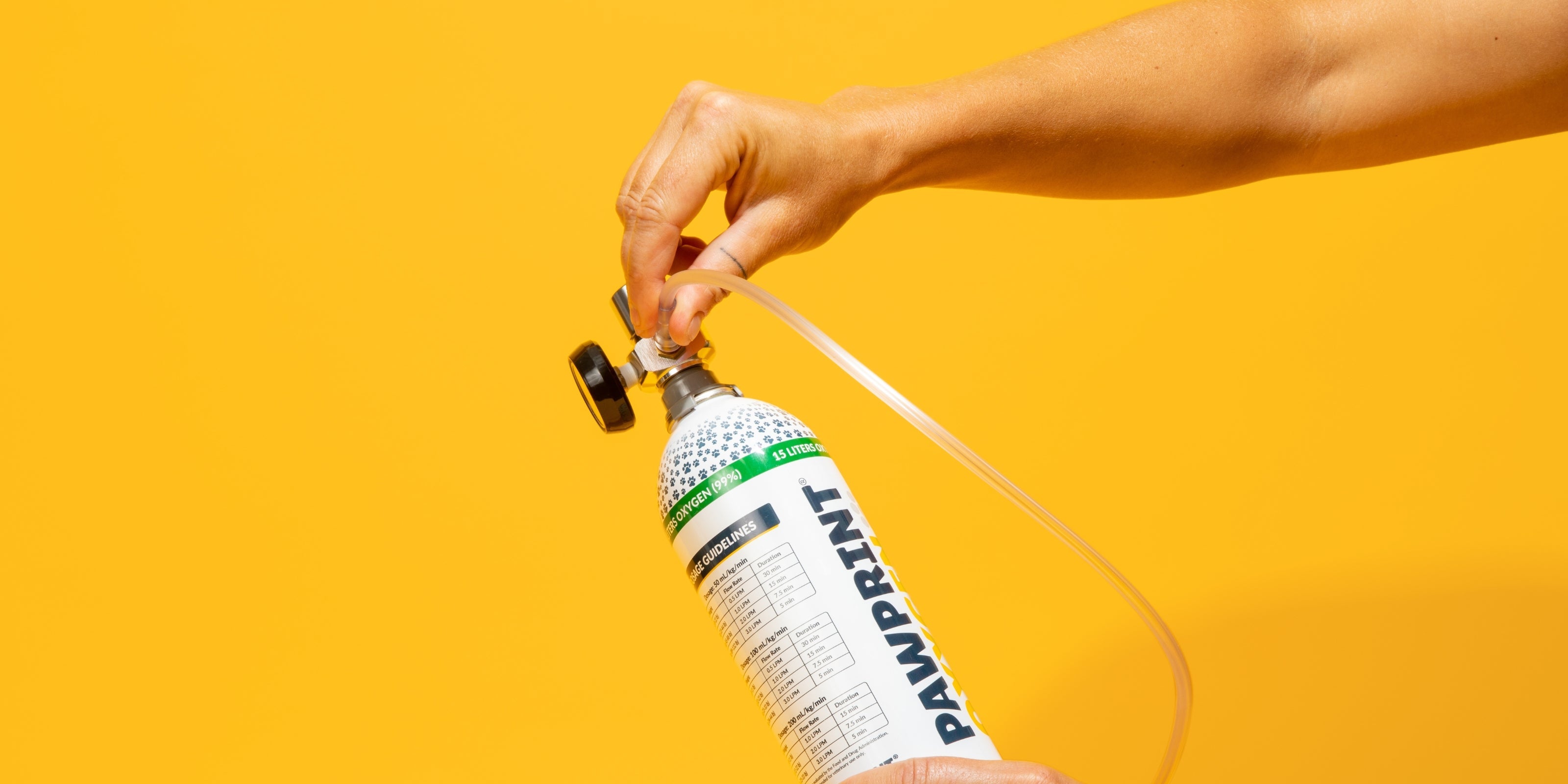 Woman holding pet oxygen mask with oxygen kit behind her hands.