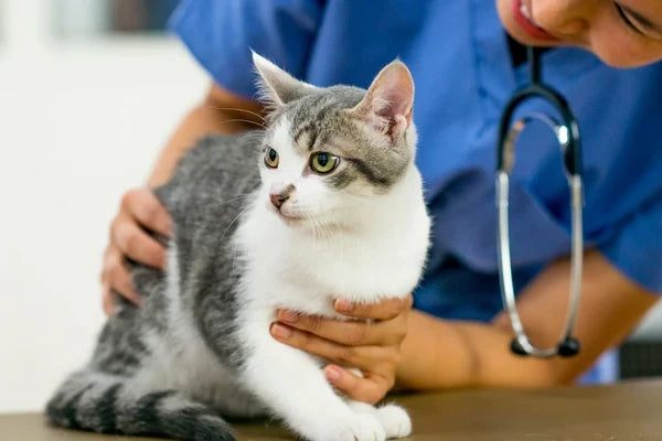 Cat being examined by a veterinarian in blue scrubs.