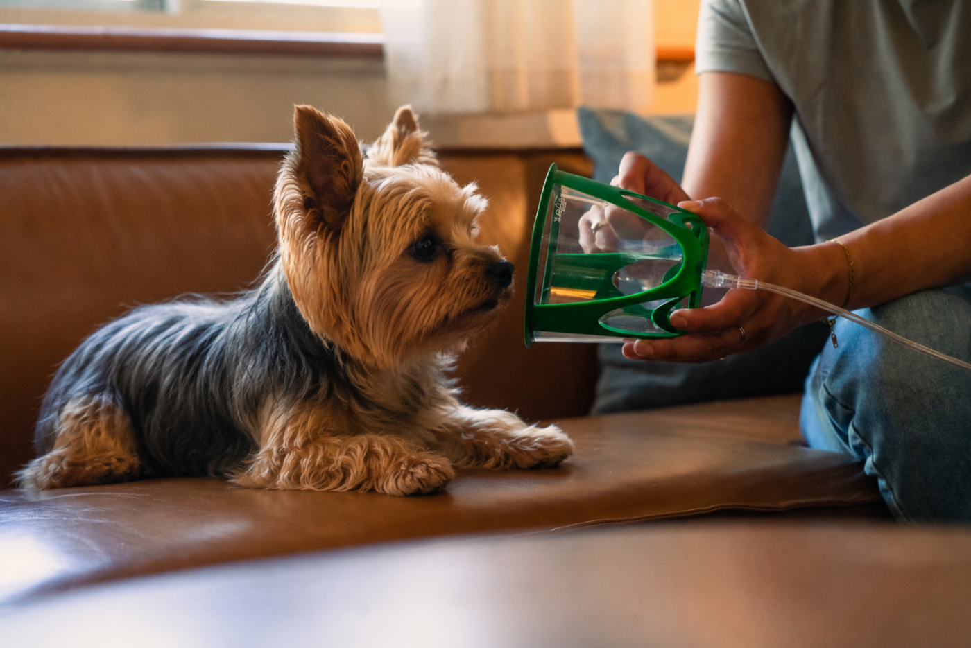 yorkie receiving oxygen therapy with an oxygen mask