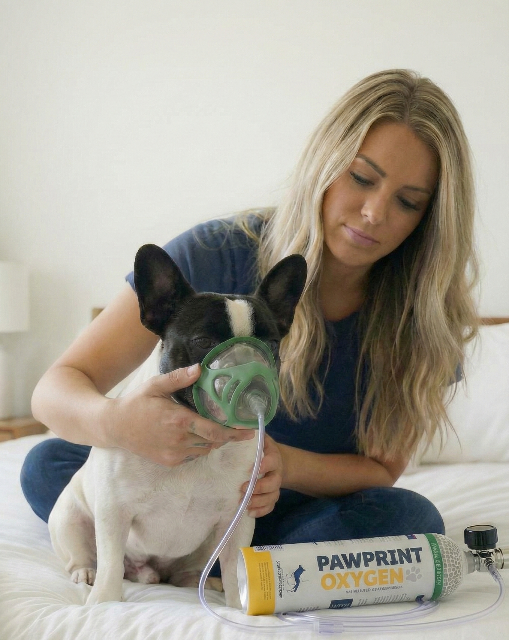 Small bulldog using oxygen on bed