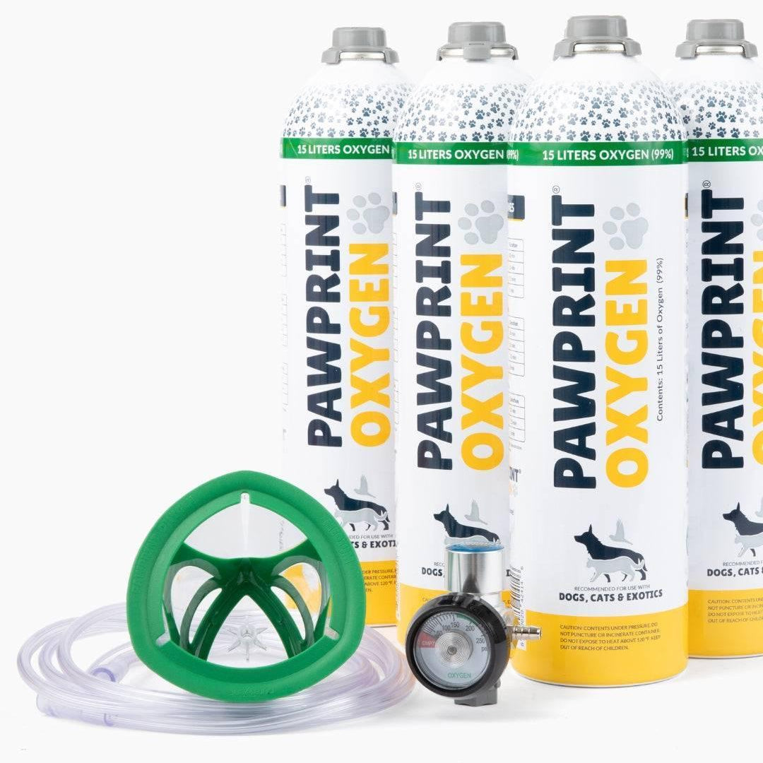 pet oxygen mask, oxygen tubing, regulator, and oxygen canisters