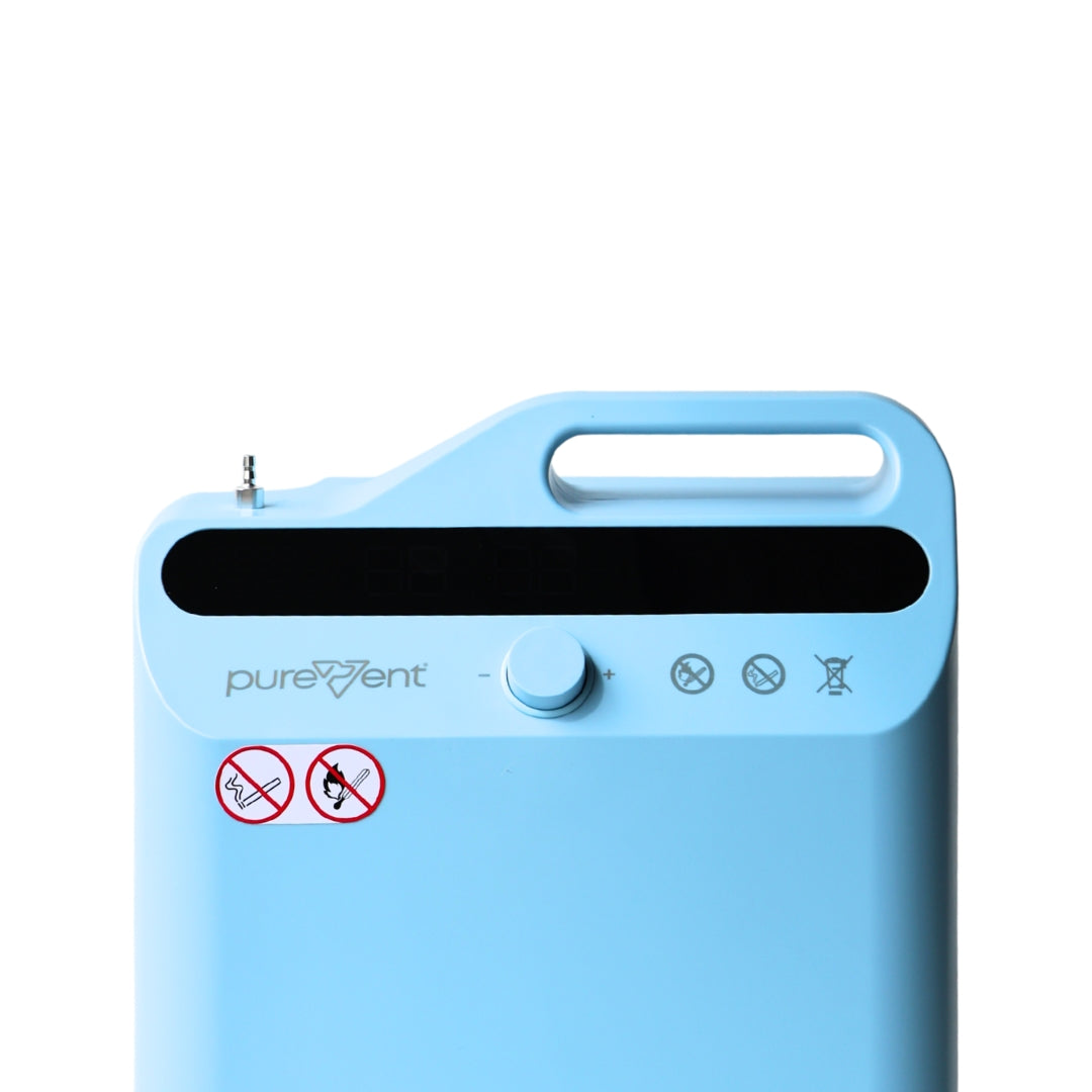 Blue oxygen concentrator with 'purevent' branding on a white background