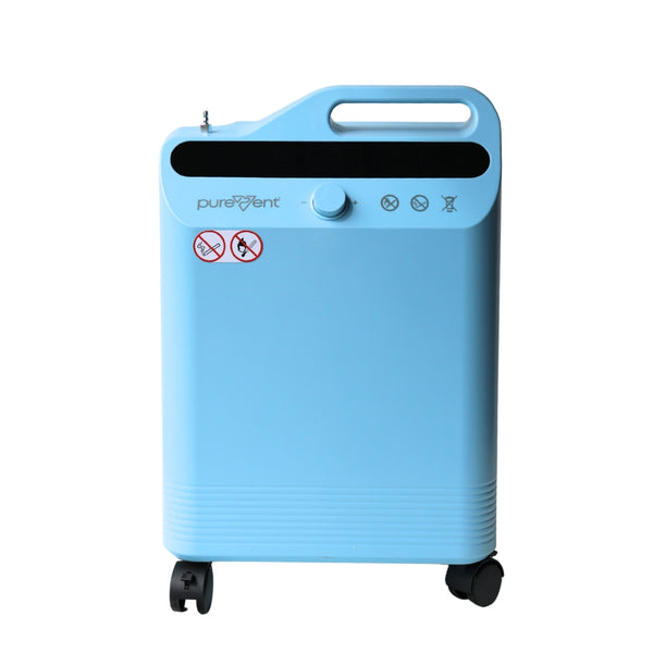 Blue oxygen concentrator with 'purevent' branding on a white background