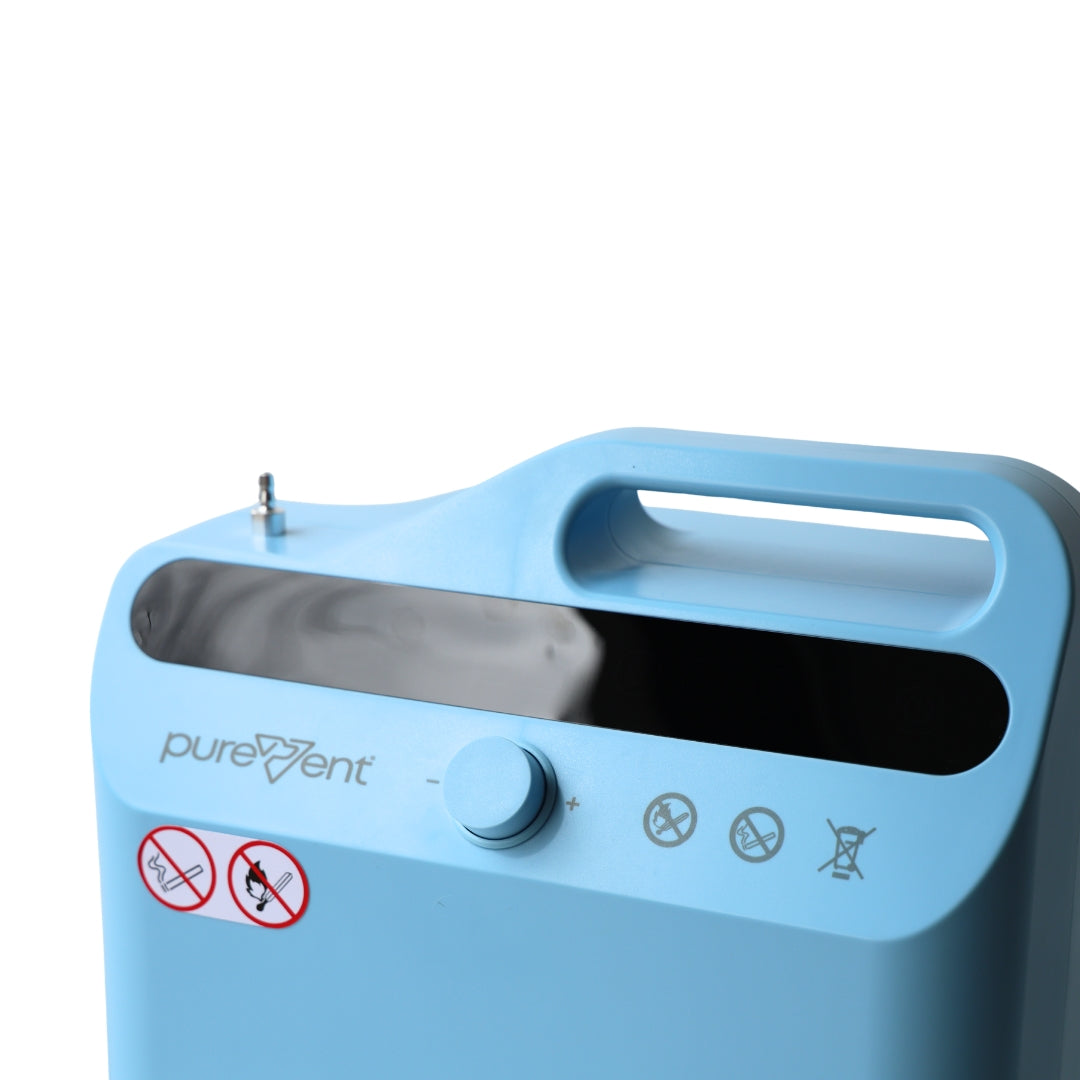 Blue oxygen concentrator with 'purevent' branding on a white background