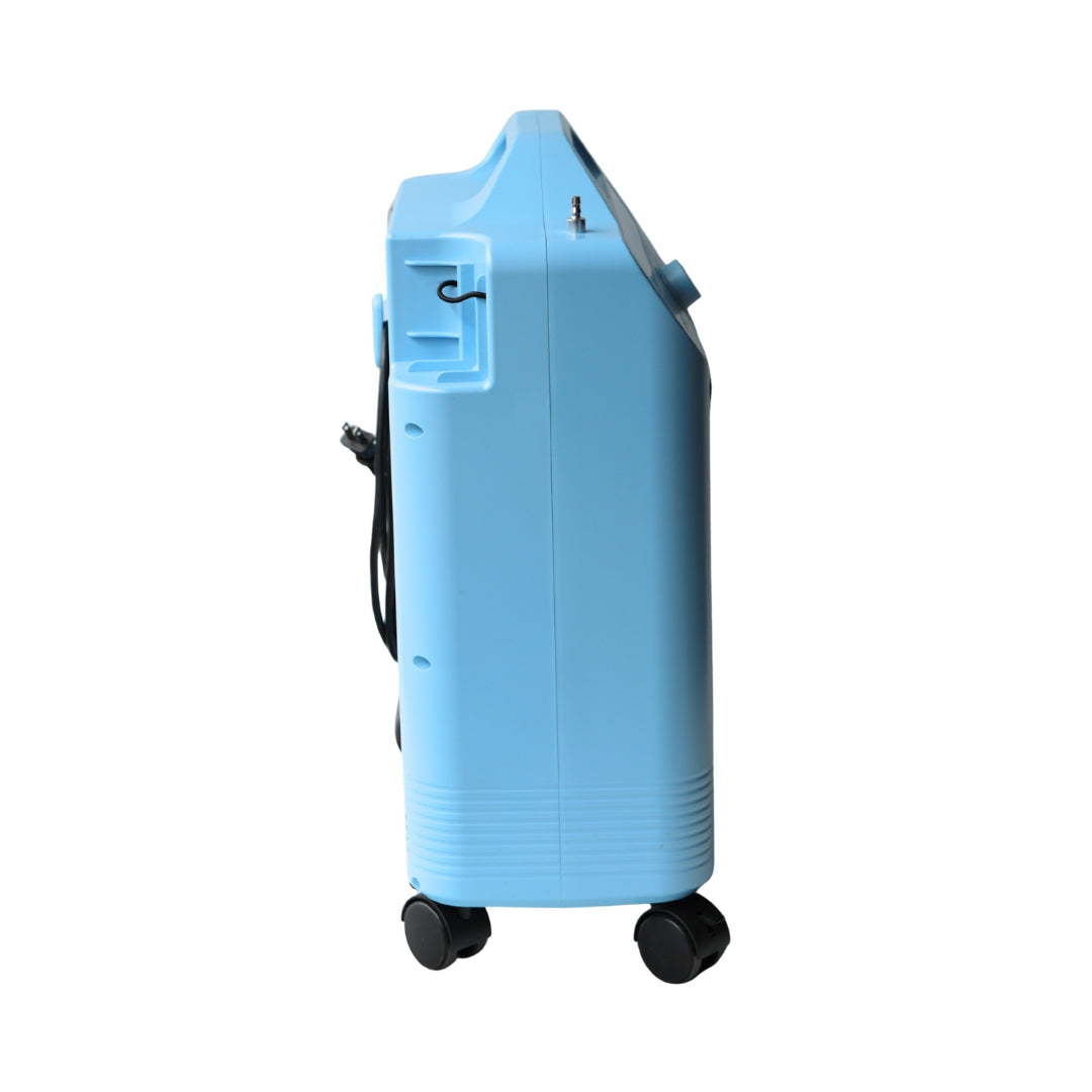 blue oxygen concentrator with wheels on white background