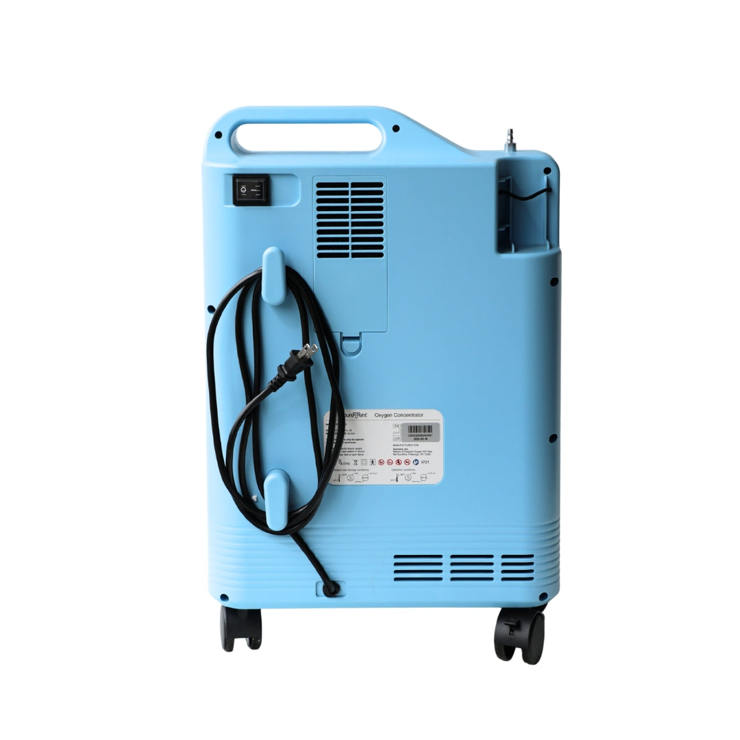 Blue oxygen machine with a cable on a white background