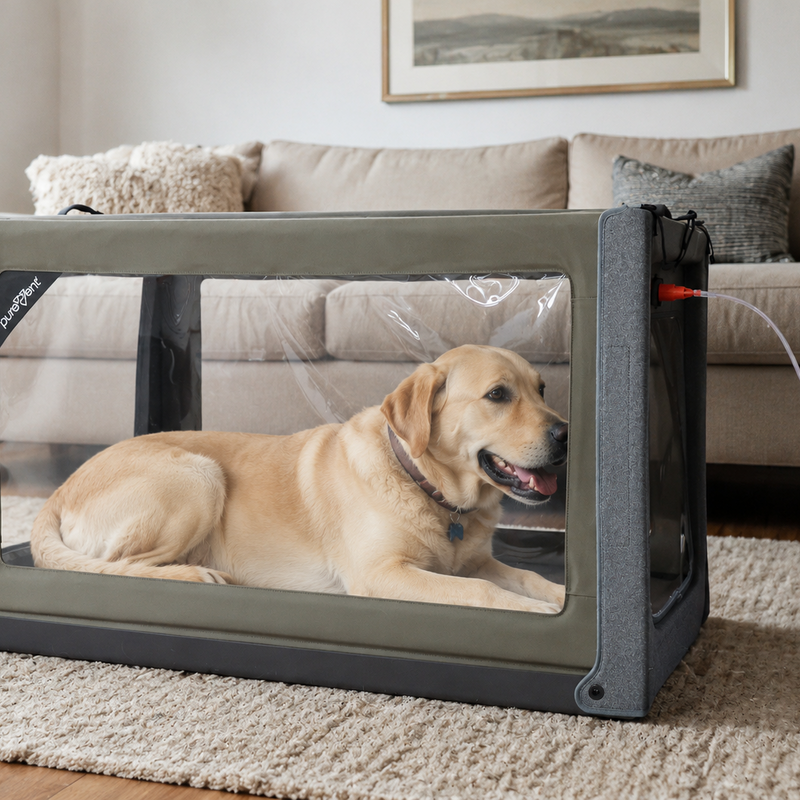 A yellow Labrador retriever lies inside a Oxygen Tent with clear front panels, placed on a beige rug in a living room with a sofa in the background.