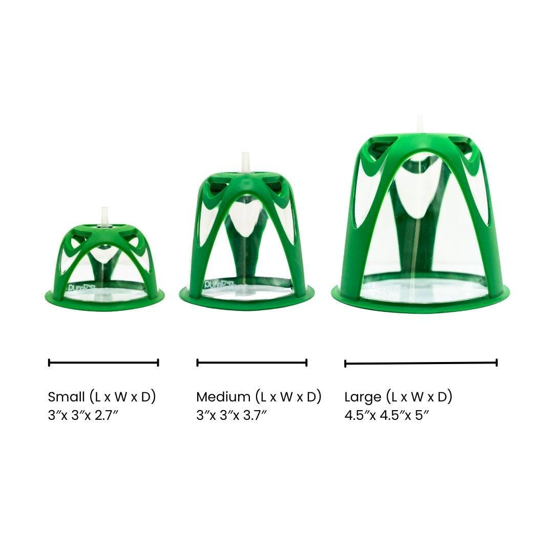 small, medium and large PureVent Pet Oxygen Masks with dimensions
