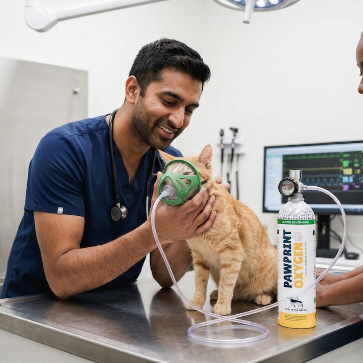 cat receiving oxygen treatment from a veterinarian