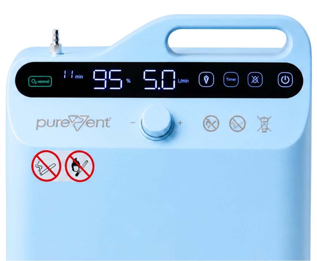 A light blue portable oxygen concentrator by pureVent with a black digital display screen showing 95% oxygen and 50 LPM, set against a plain white background.