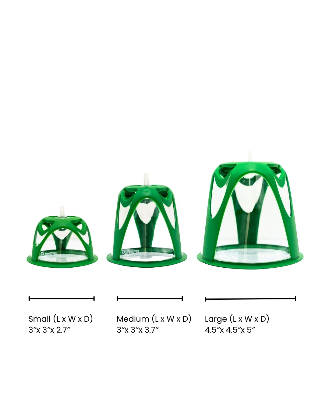 small, medium and large PureVent Pet Oxygen Masks with dimensions