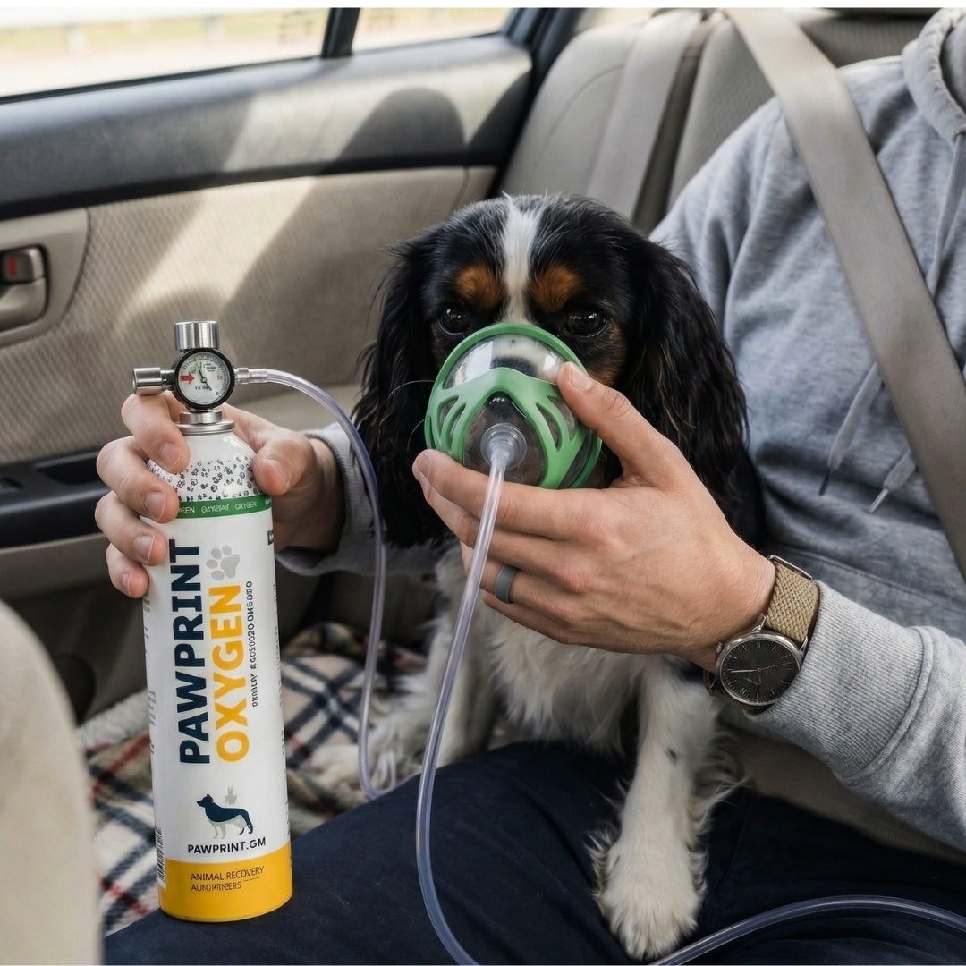 Person holding a PAWPRINT OXYGEN canister for a dog inside a car.