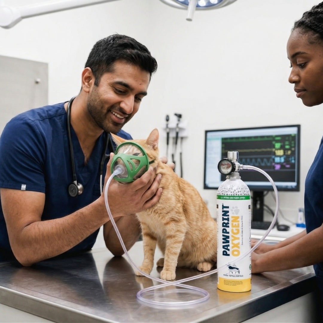 Veterinarian using an oxygen tank on a cat in a clinic setting